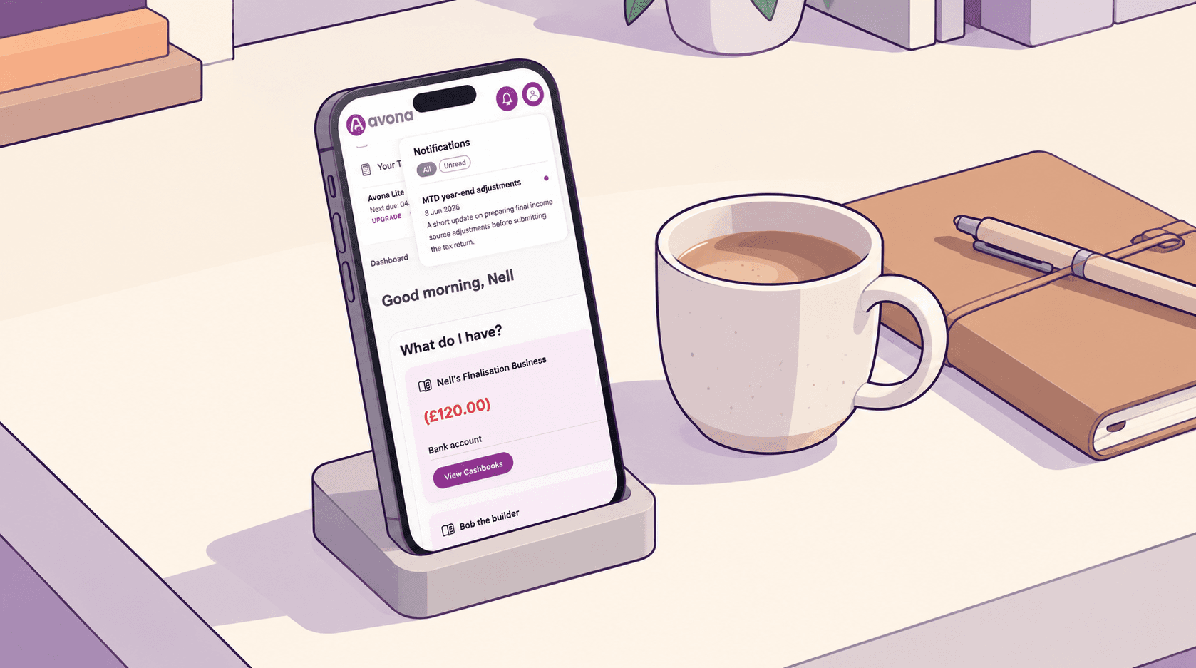Illustration of the Avona dashboard on a phone beside a coffee and notebook