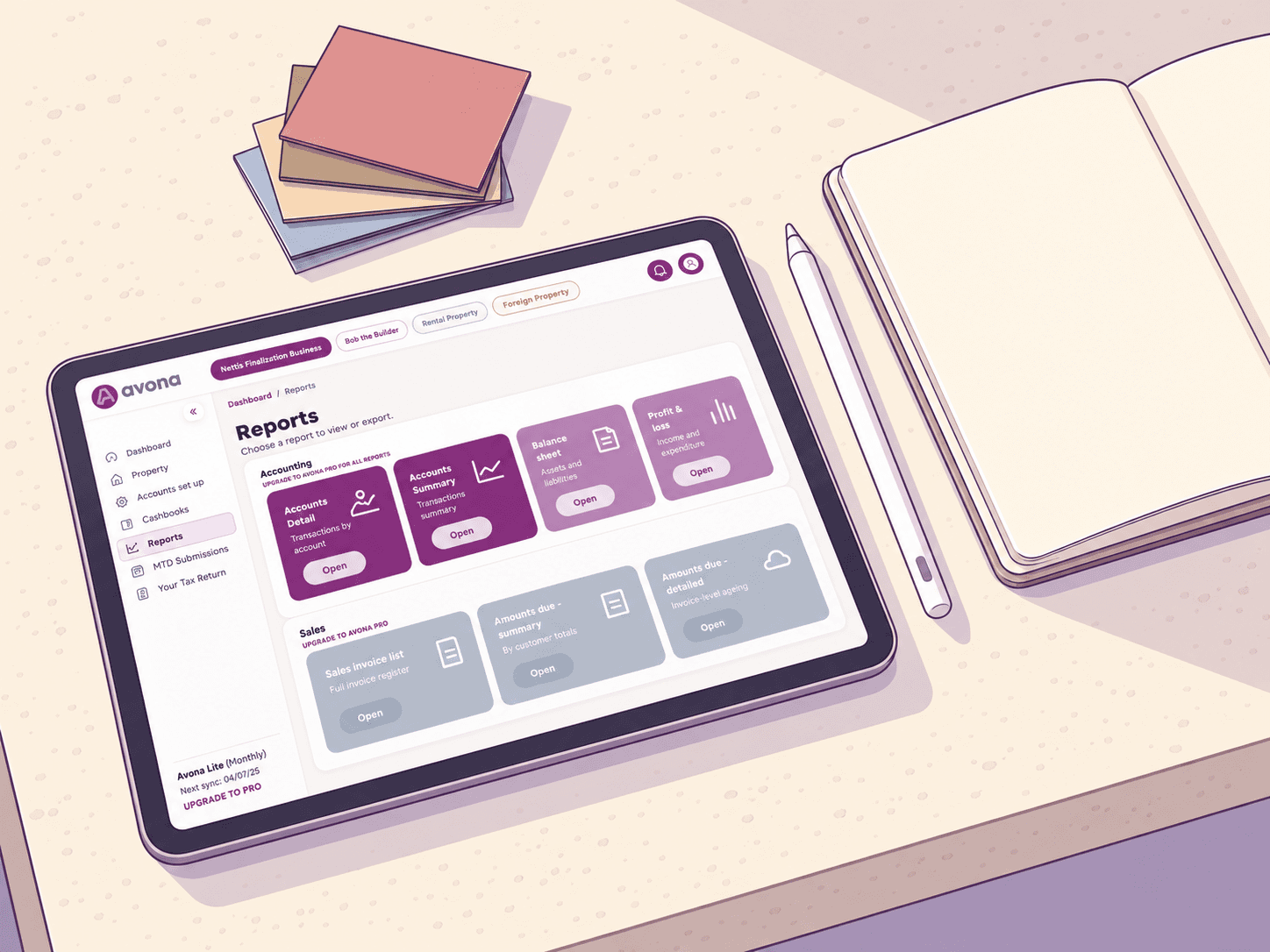 Illustration of Avona reports on a tablet beside a notebook and pen