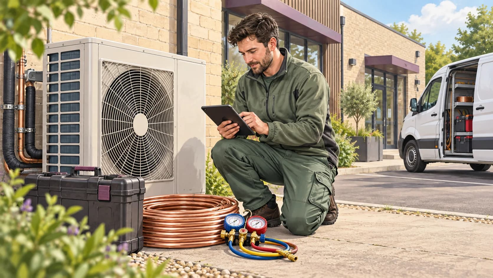 Illustration of air-conditioning and refrigeration engineers reviewing business records in their workplace.