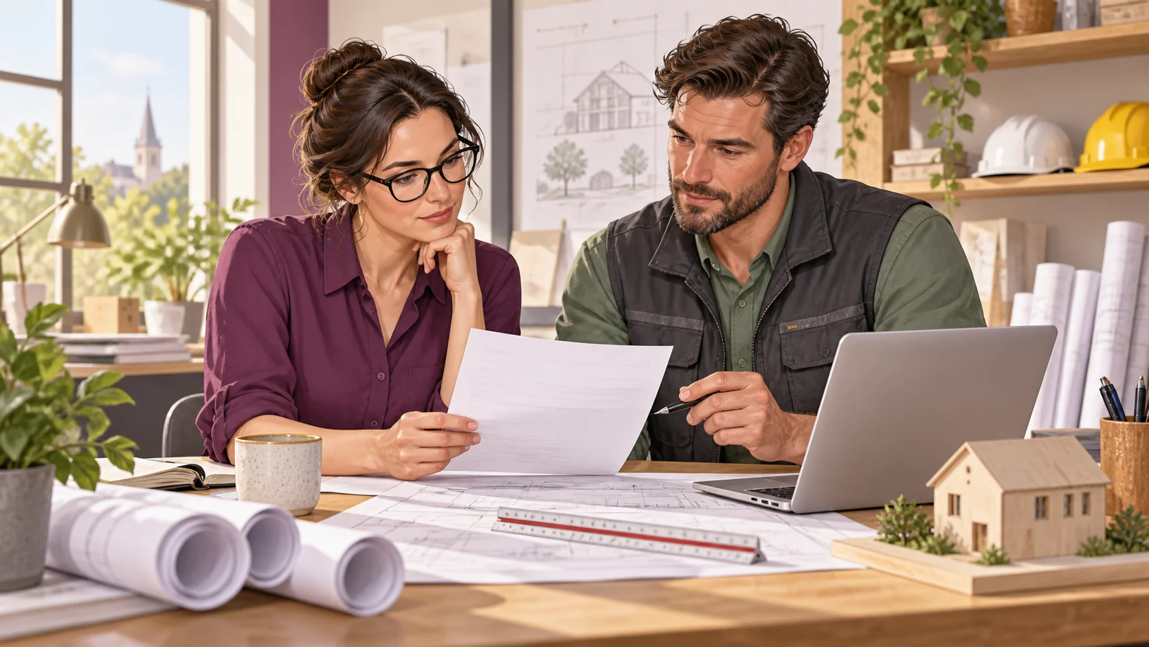 Illustration of architects and surveyors reviewing business records in their workplace.