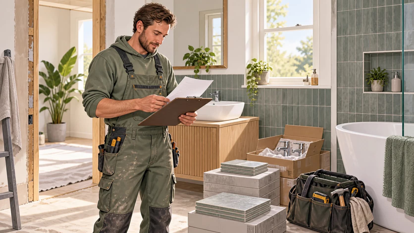 Illustration of bathroom fitters reviewing business records in their workplace.