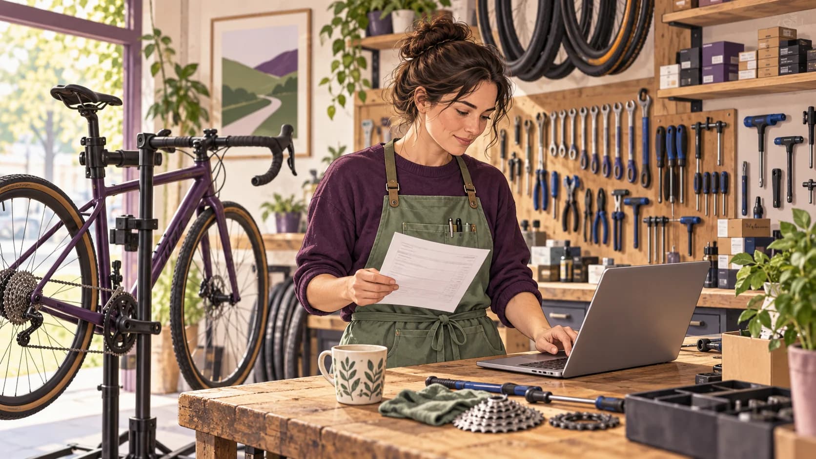 Illustration of bicycle mechanics reviewing business records in their workplace.