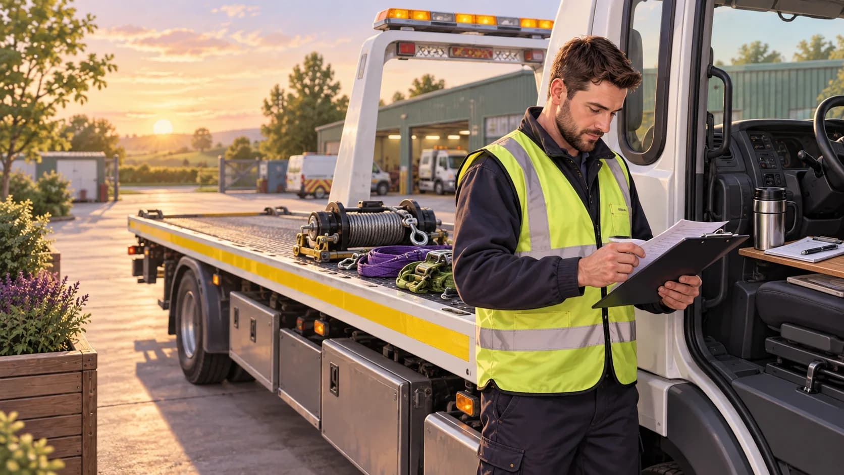 Illustration of breakdown recovery operators reviewing business records in their workplace.