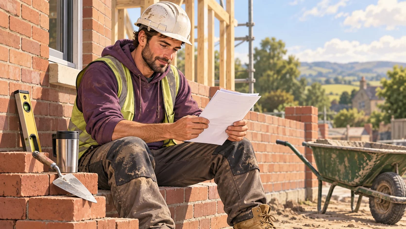 Illustration of bricklayers reviewing business records in their workplace.