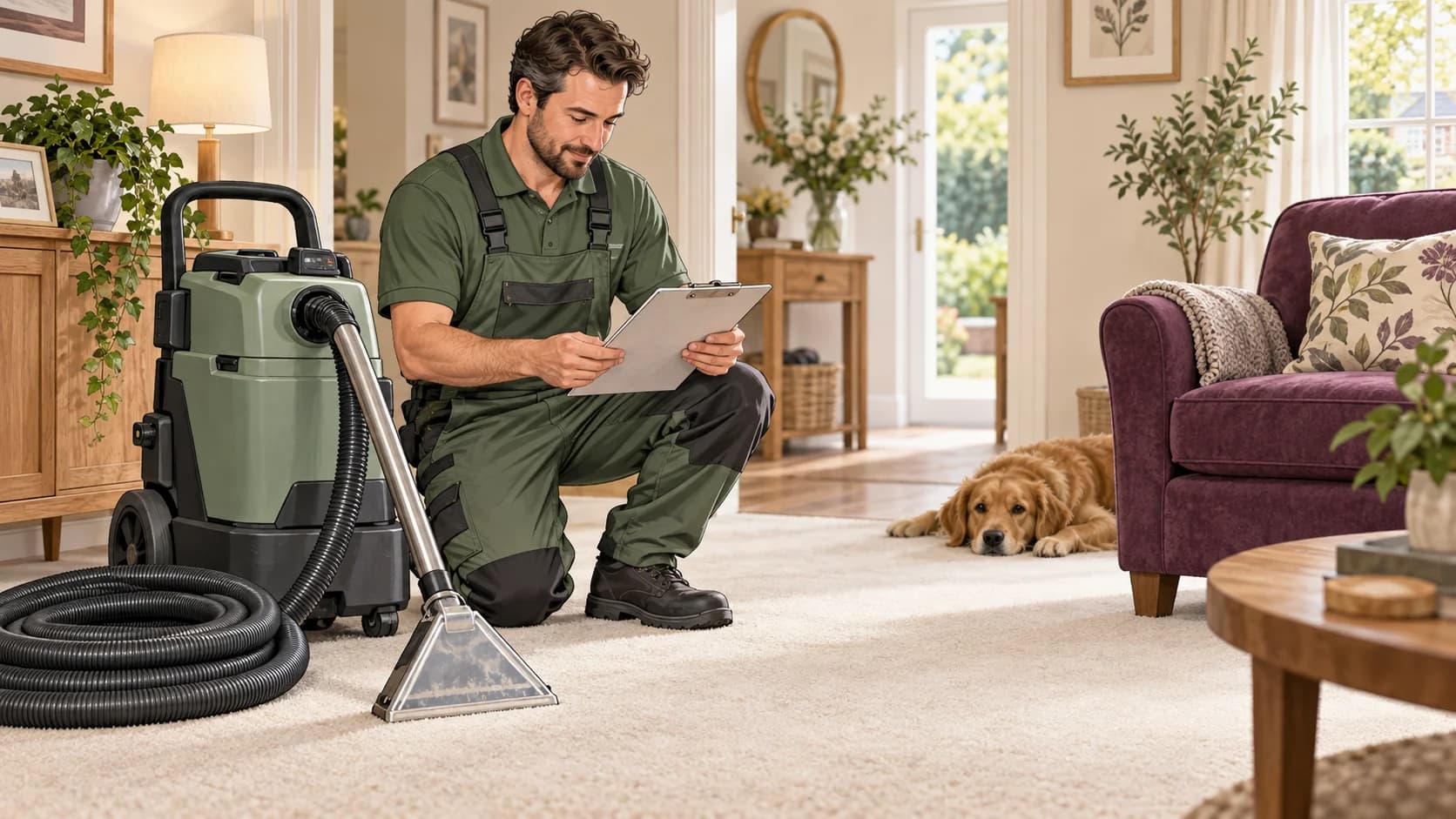 Illustration of carpet and upholstery cleaners reviewing business records in their workplace.