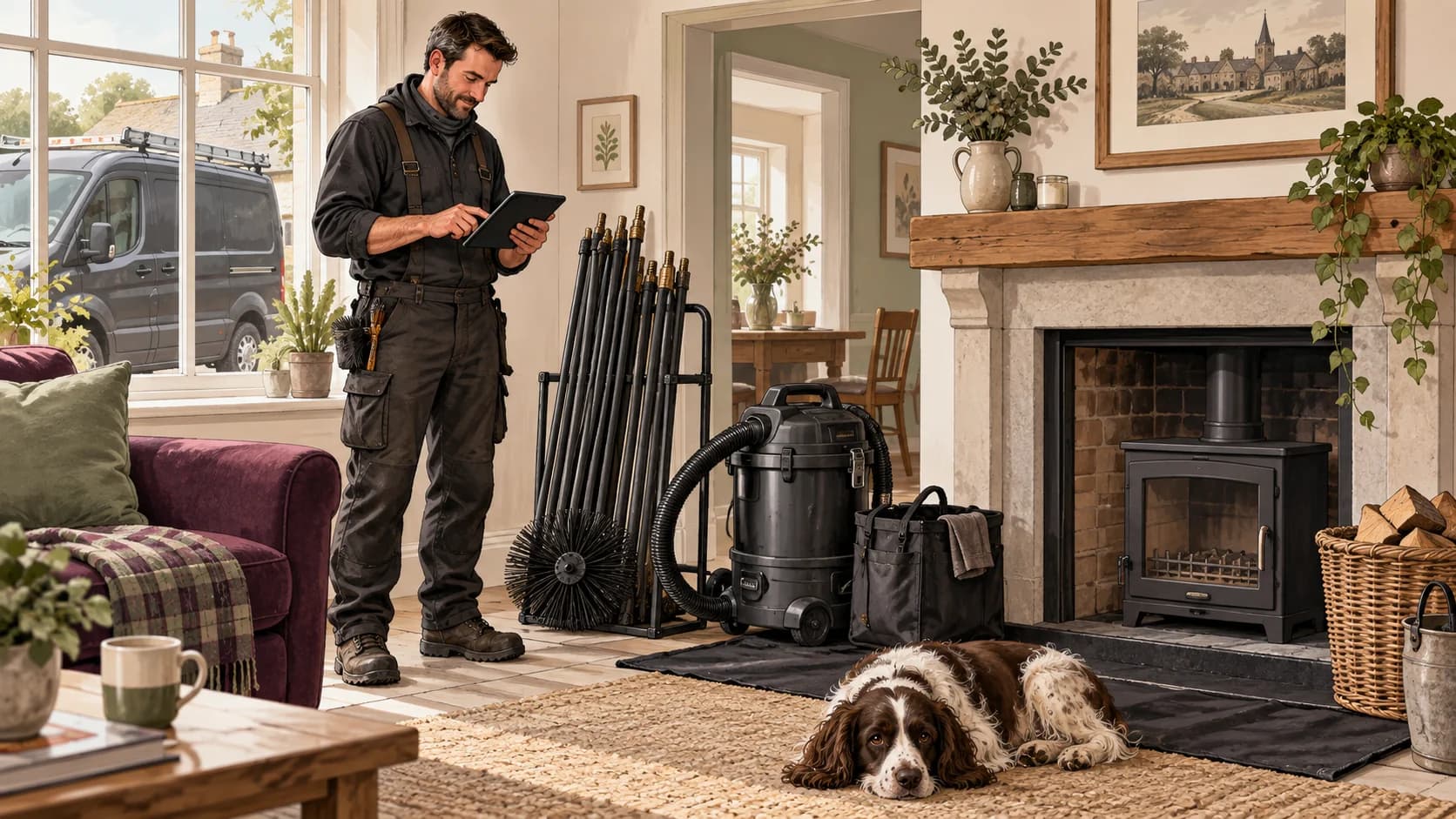 Illustration of chimney sweeps reviewing business records in their workplace.