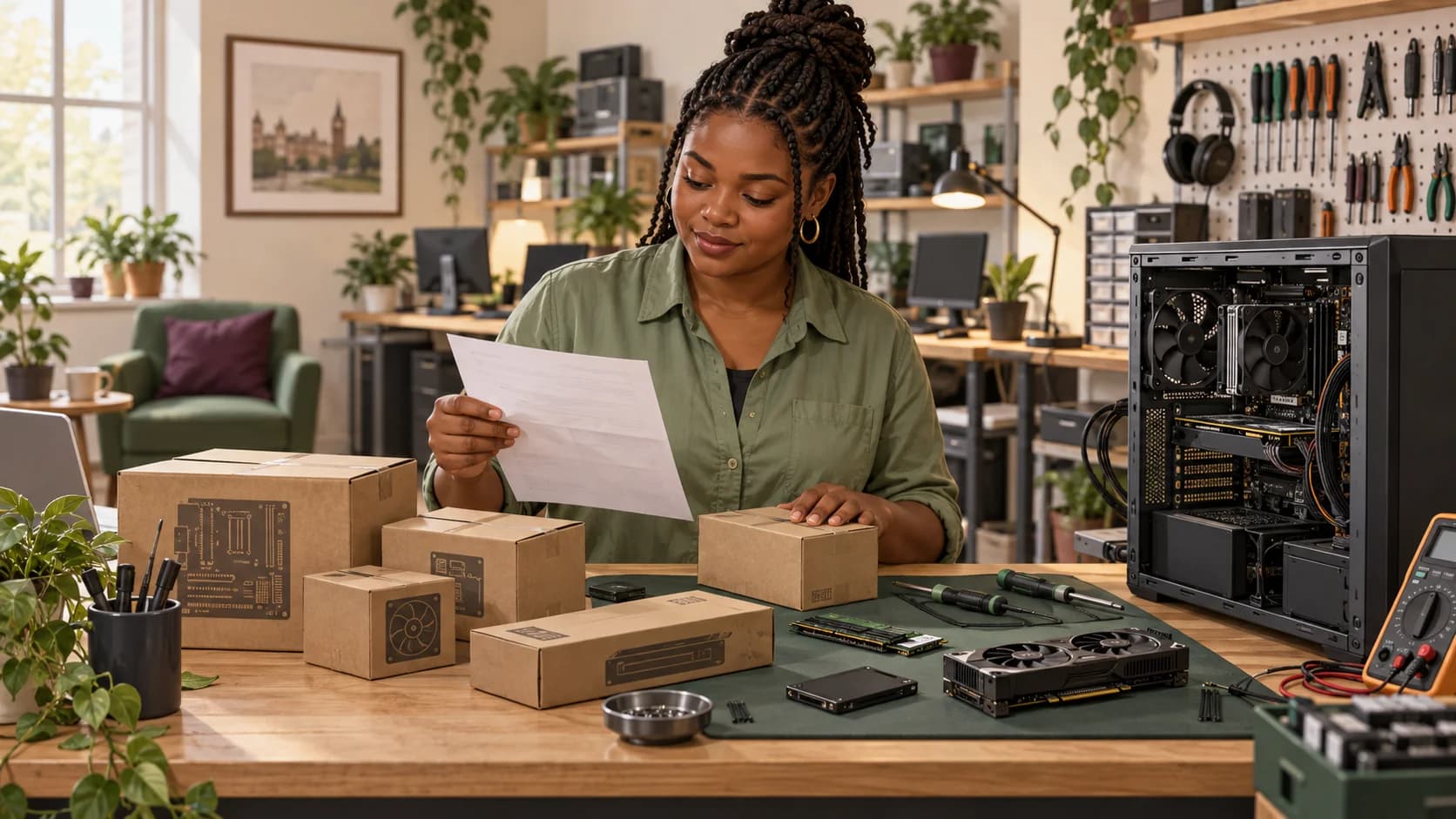 Illustration of computer repair and it support technicians reviewing business records in their workplace.