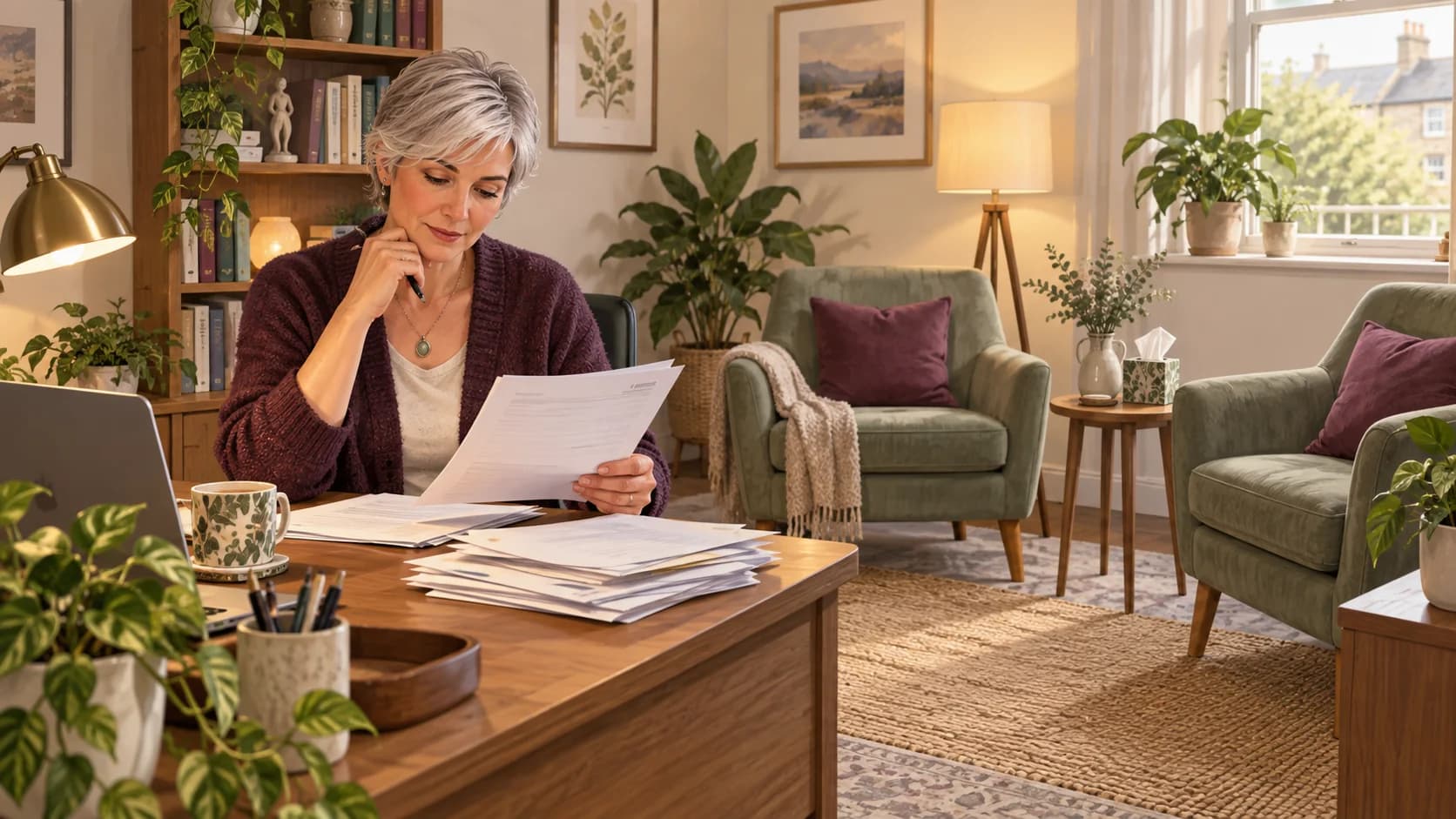 Illustration of counsellors and psychotherapists reviewing business records in their workplace.