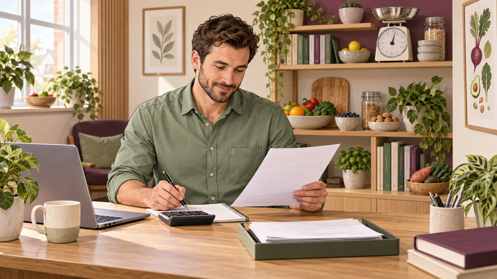 Illustration of dietitians and nutritionists reviewing business records in their workplace.