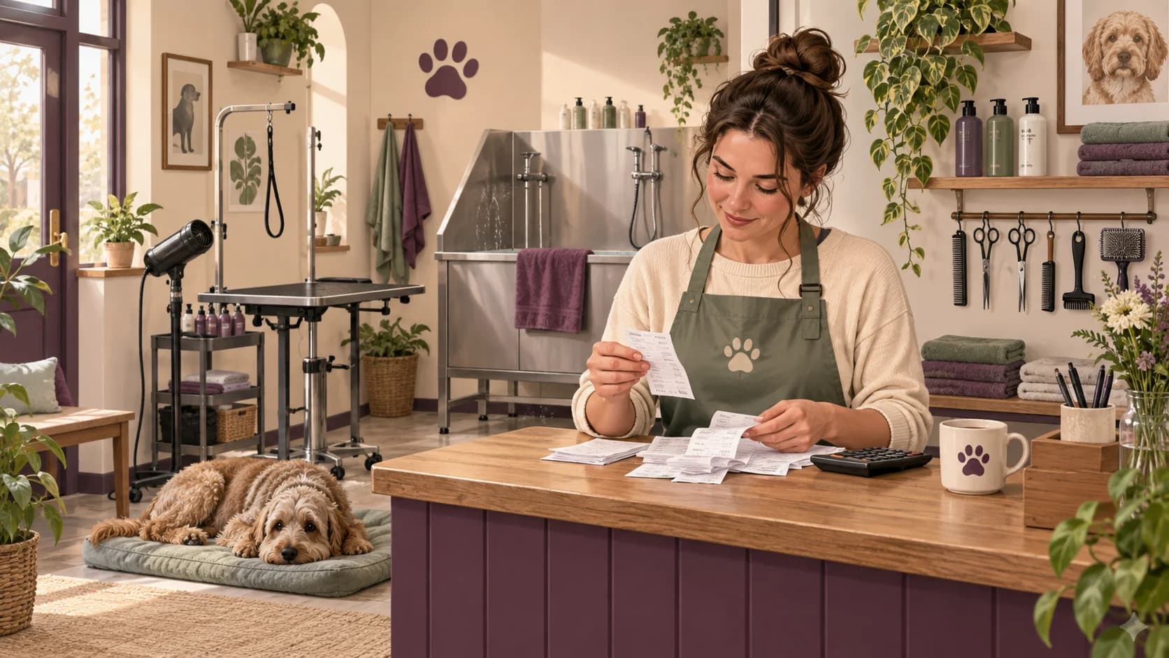 Illustration of dog groomers reviewing business records in their workplace.