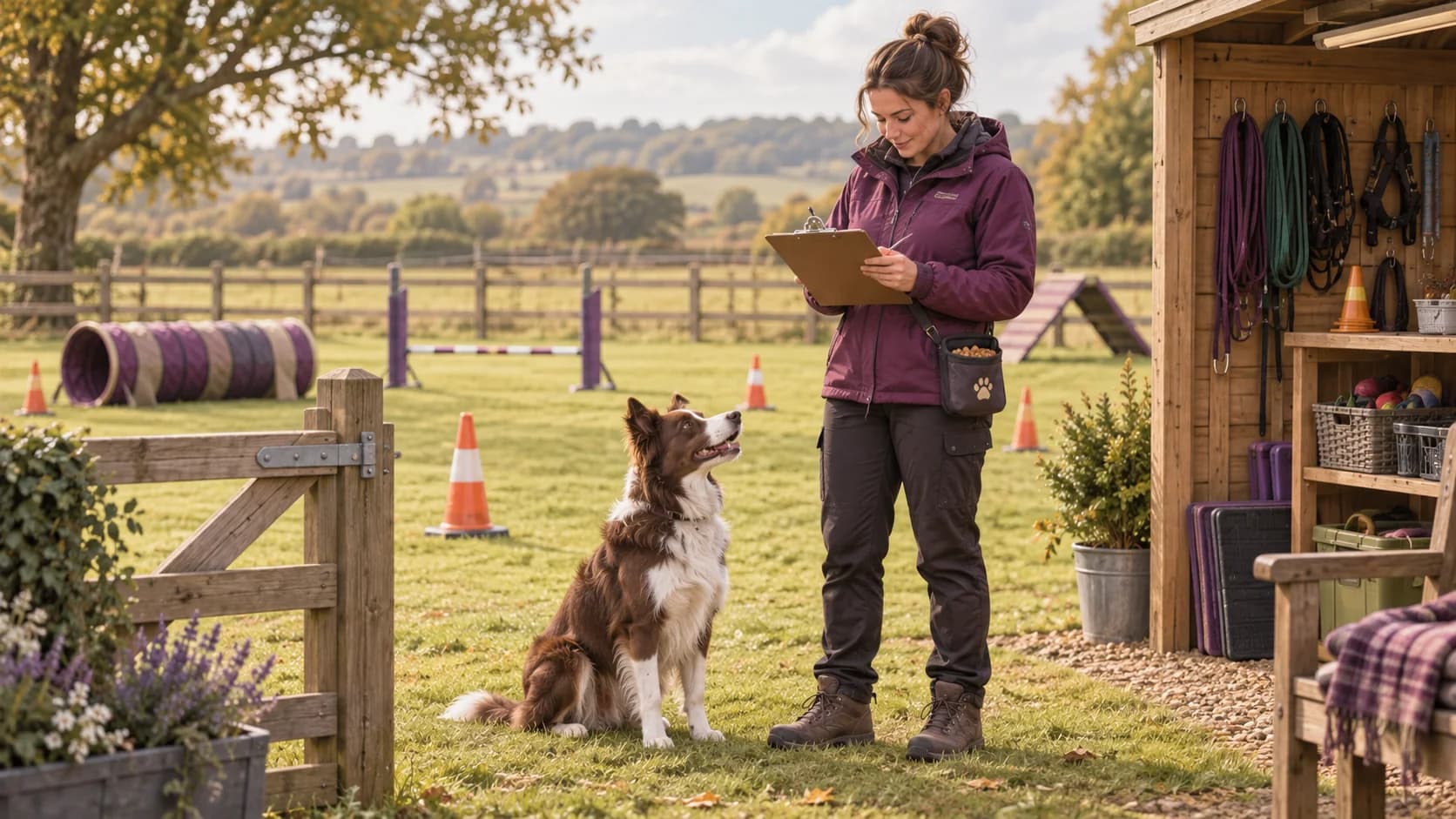 Illustration of dog trainers and behaviourists reviewing business records in their workplace.