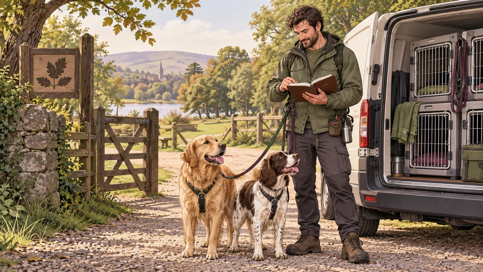 Illustration of dog walkers and pet sitters reviewing business records in their workplace.