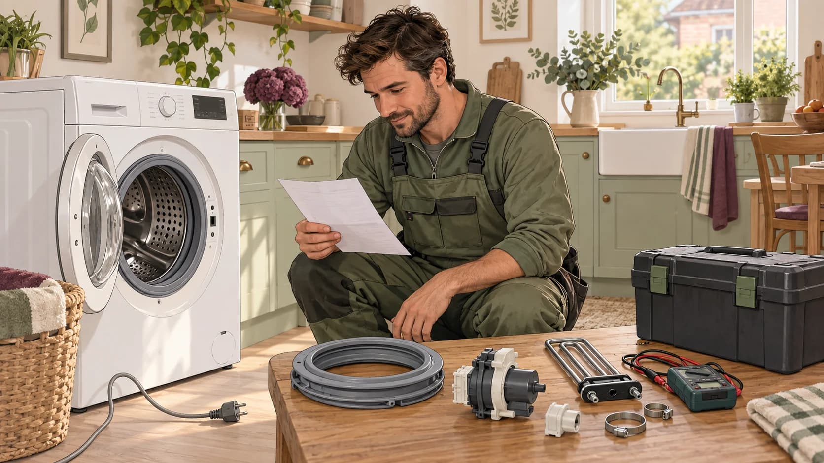 Illustration of domestic appliance repairers reviewing business records in their workplace.