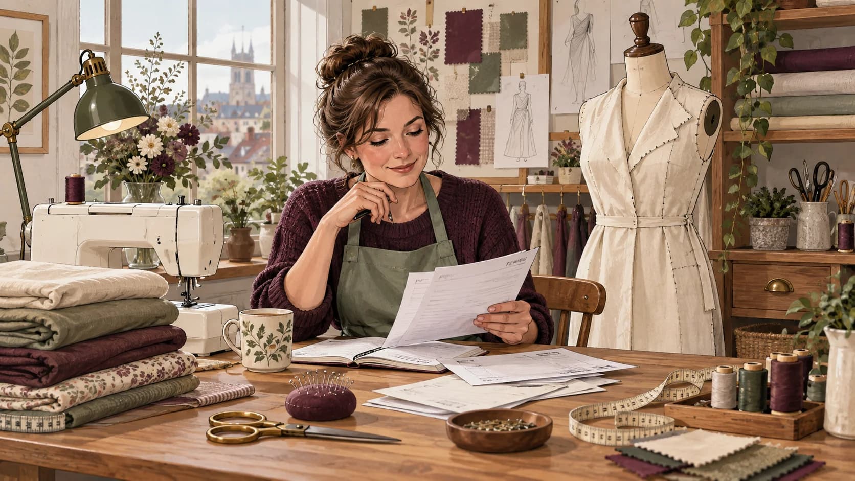 Illustration of dressmakers and tailors reviewing business records in their workplace.