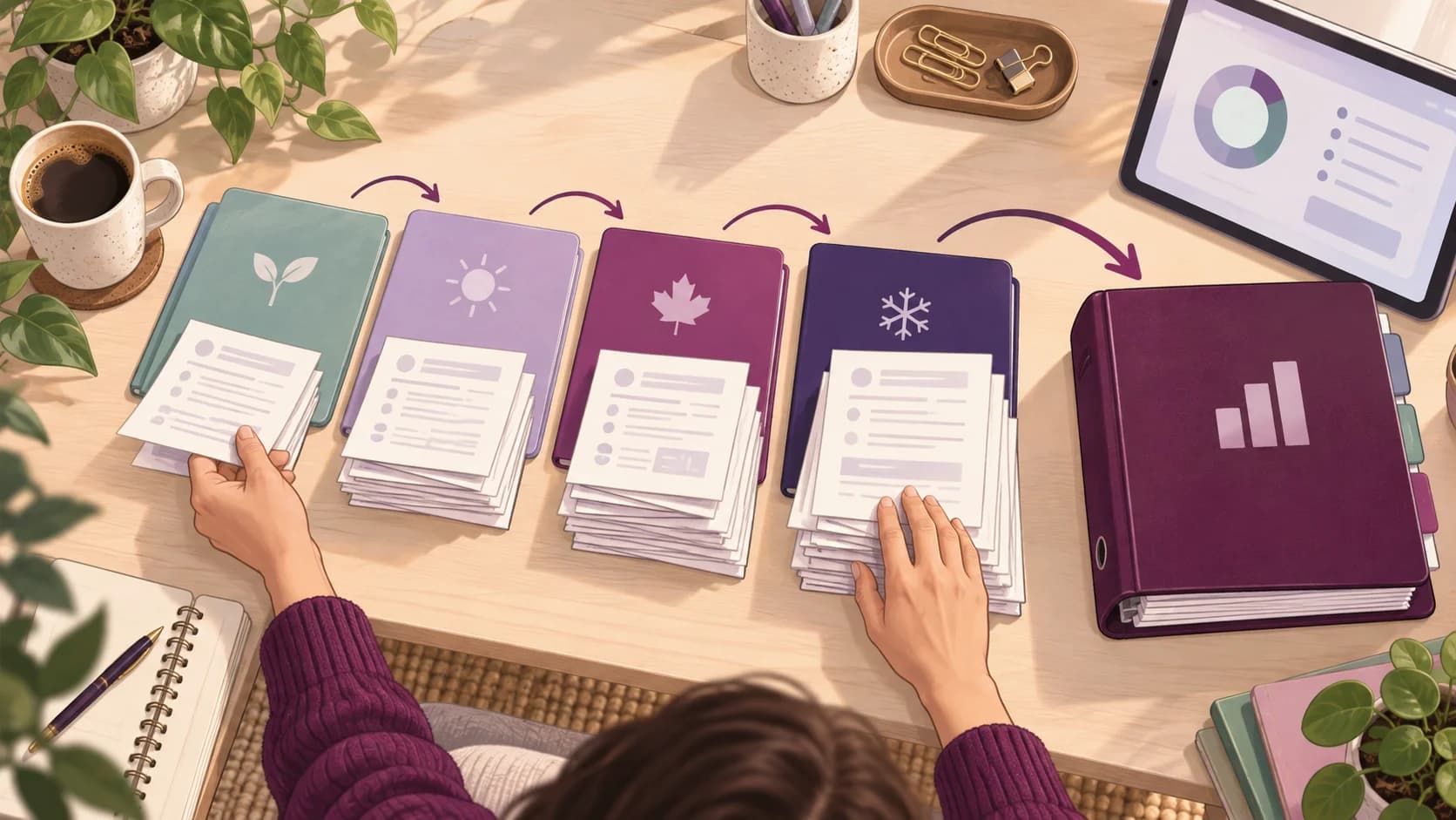 Four seasonal record folders lead to one annual binder beside a tablet.