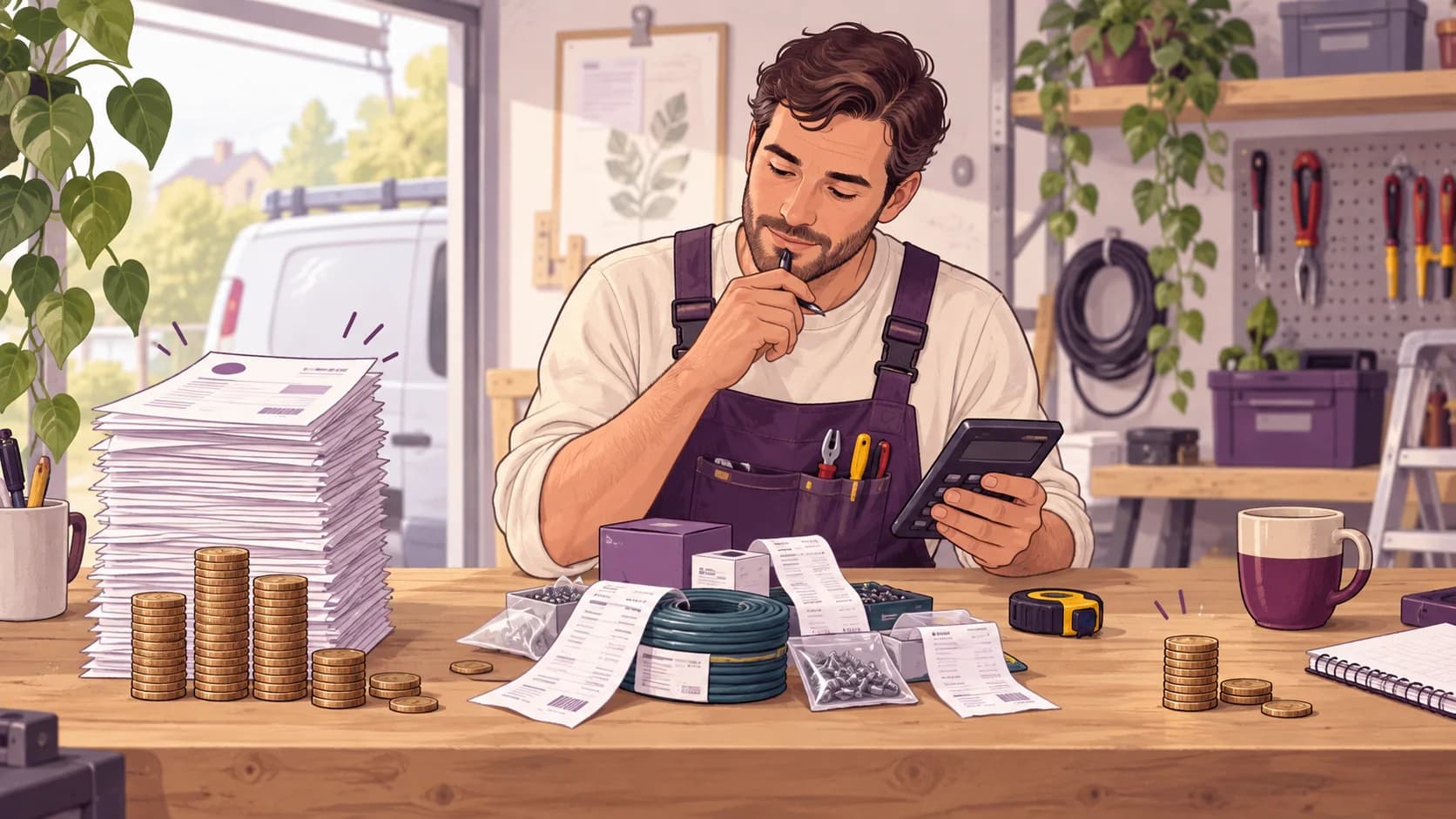 An electrician compares customer income, supplier costs and remaining profit.