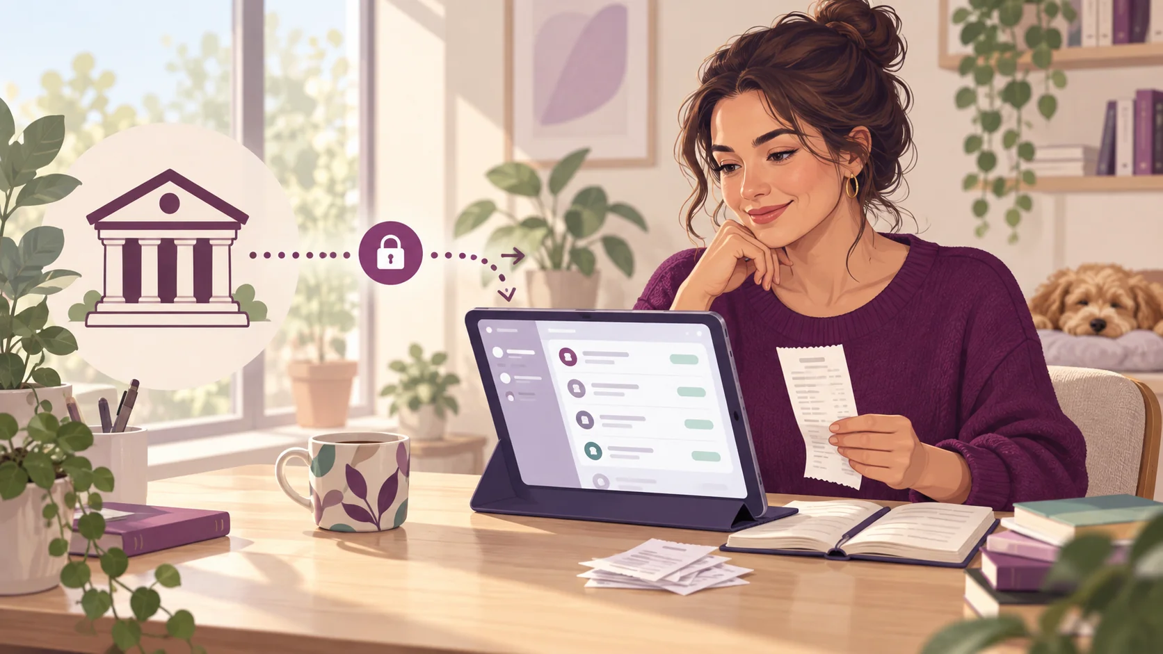 A business owner reviews bank transactions on a tablet beside an Open Banking illustration.