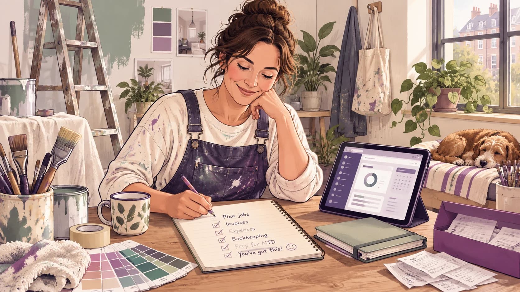 A self-employed decorator plans bookkeeping tasks beside paint supplies and a tablet.