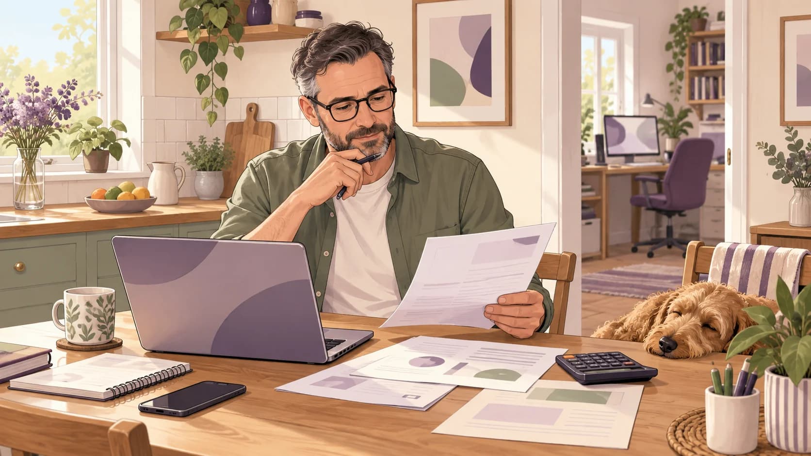 Editorial illustration: Working from home: simplified flat rates vs actual costs
