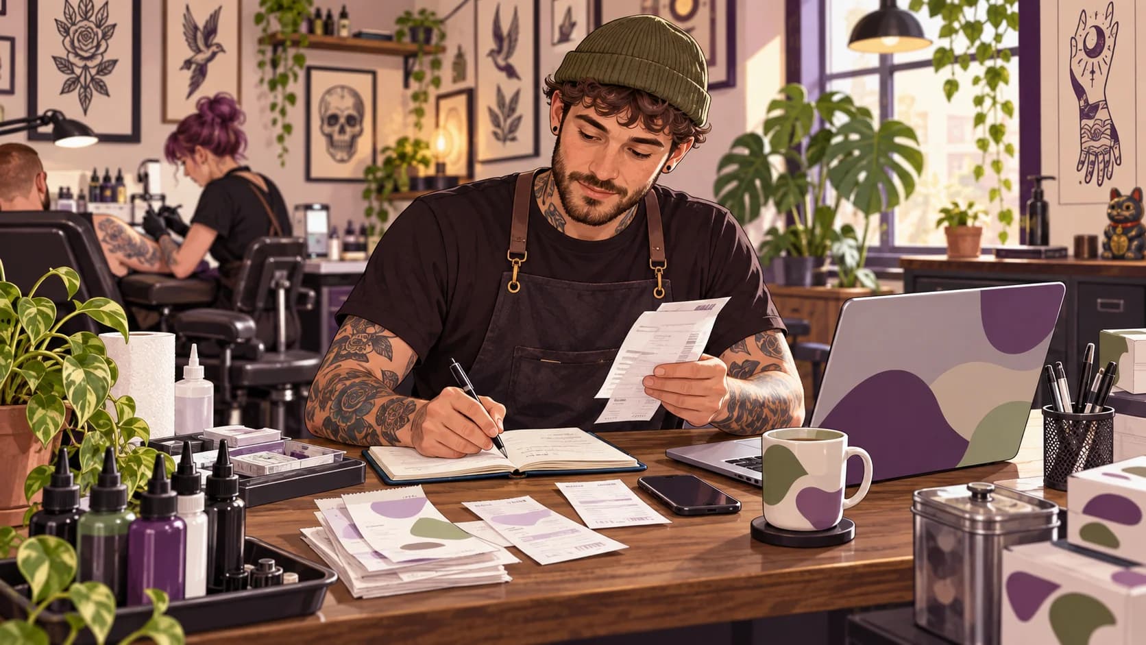 Editorial illustration: Tattoo artists: tracking studio rent, supplies and licence costs