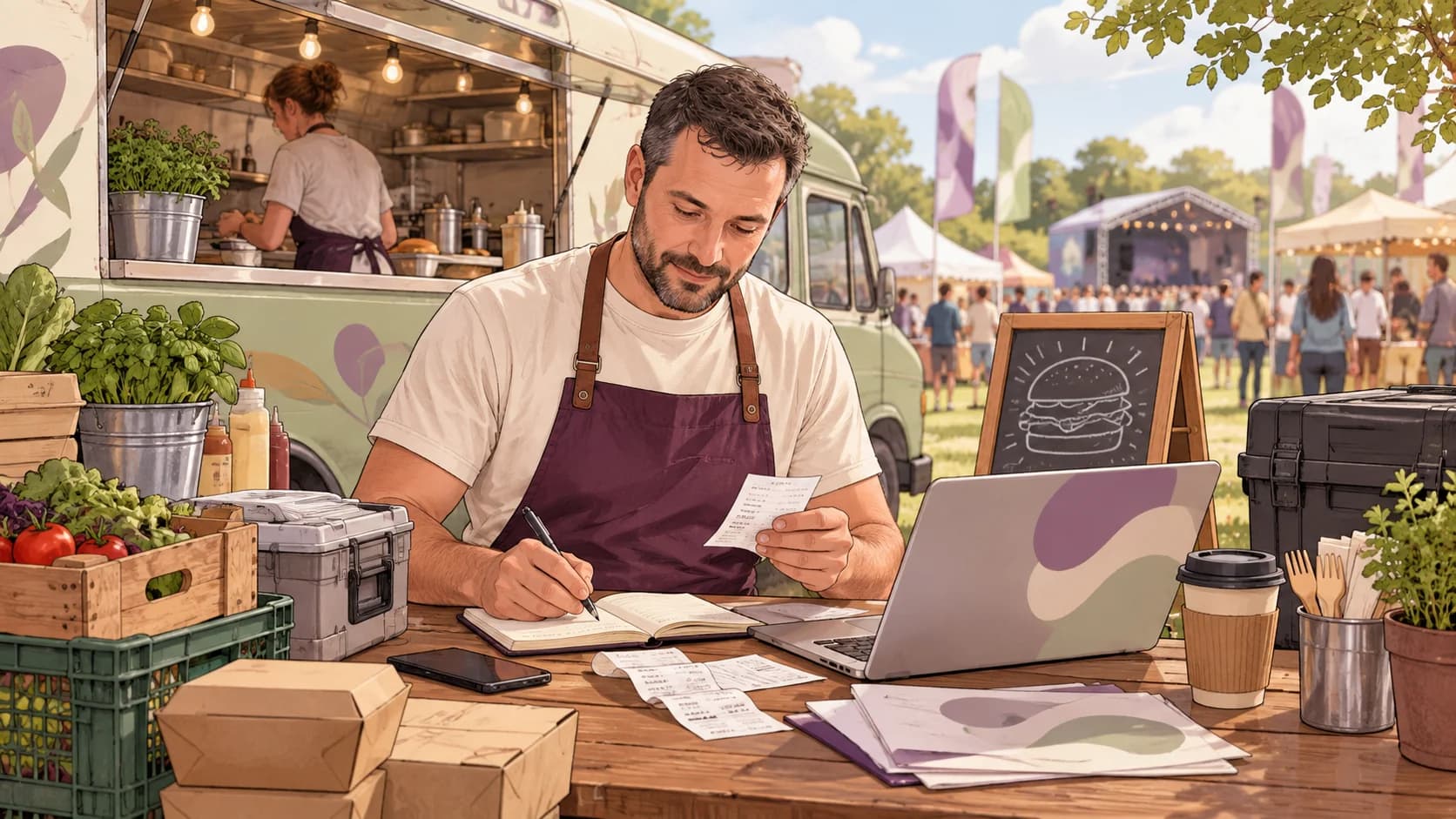 Editorial illustration: Mobile caterers and street-food businesses: tracking pitch fees, stock and fuel