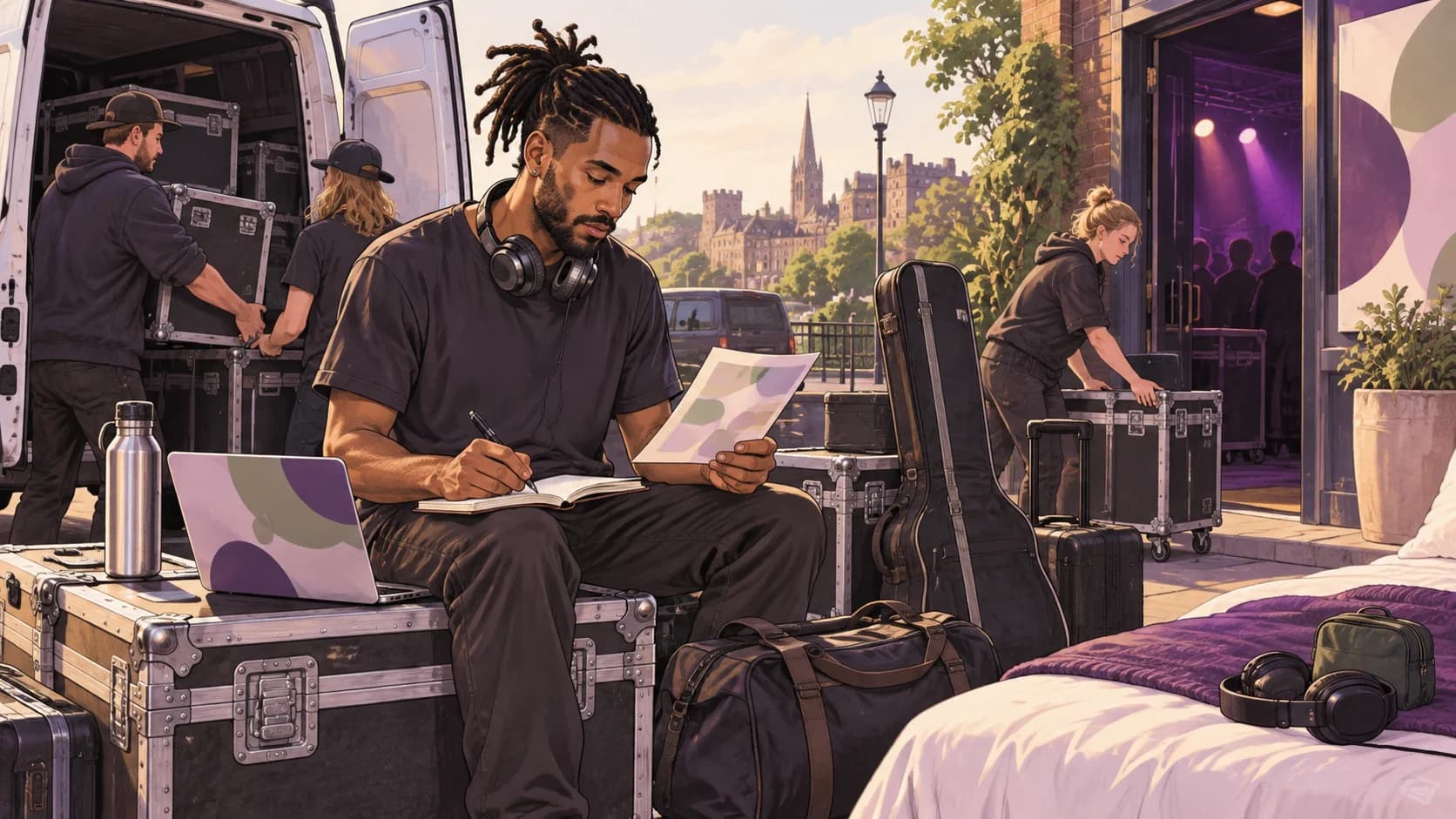 Editorial illustration: Touring musicians and DJs: travel, accommodation and equipment costs