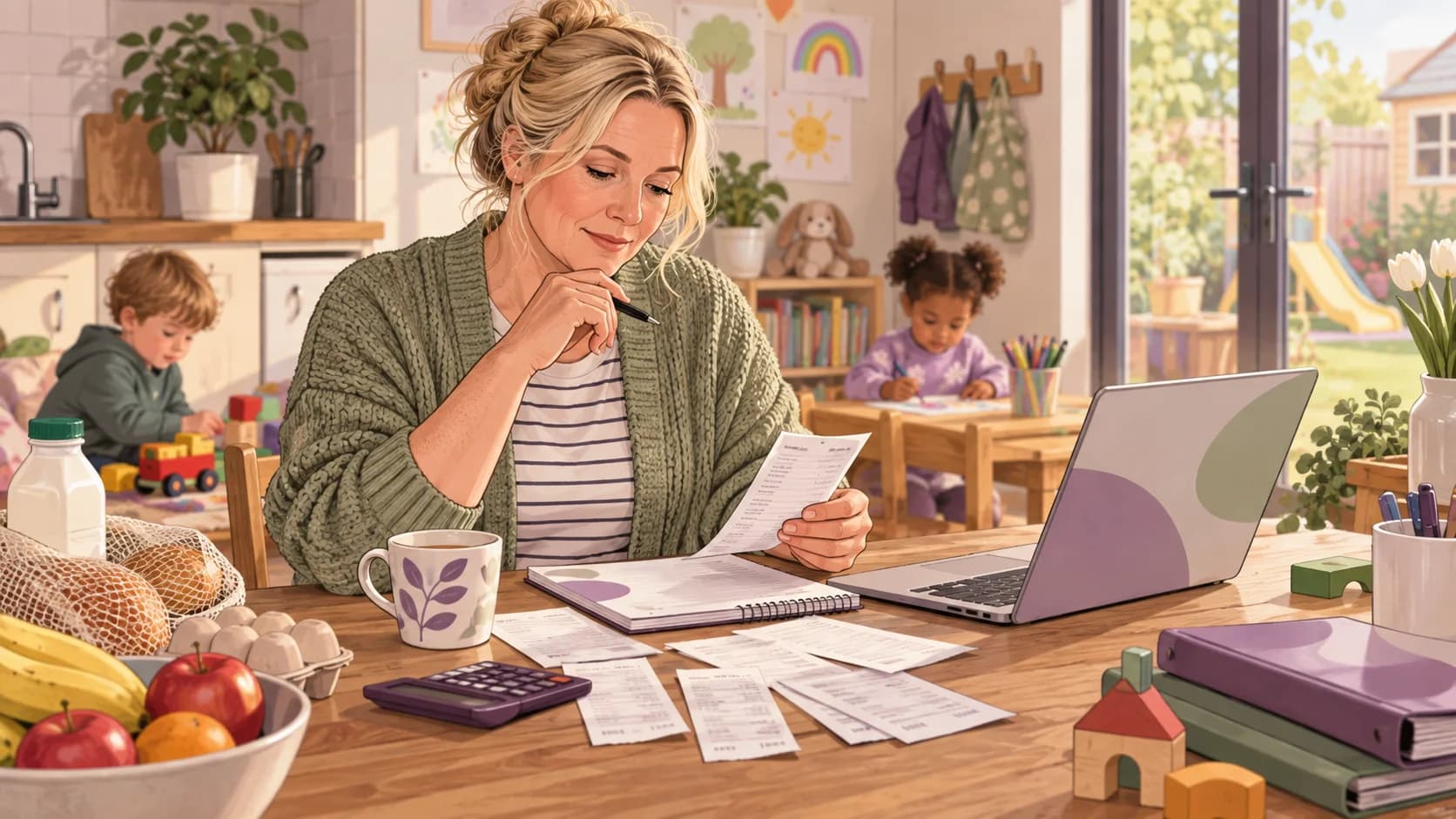 Editorial illustration: Childminders using MTD: reviewing food and household costs mid-year