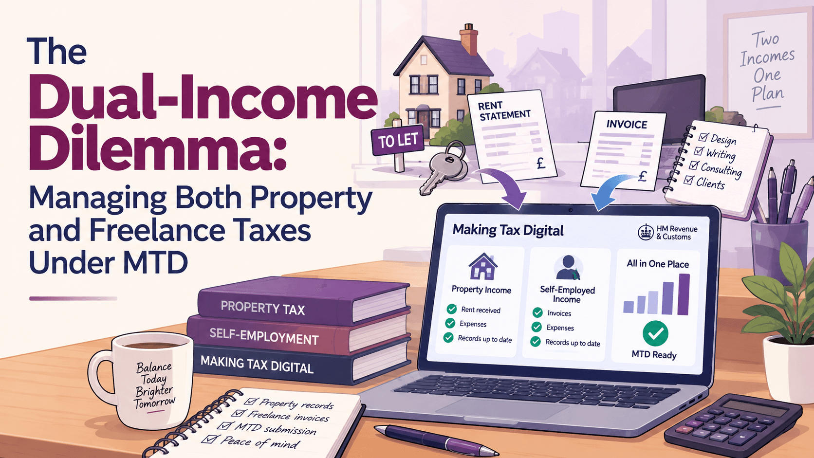 Illustration accompanying “The dual-income dilemma: managing both property and freelance taxes under MTD.”