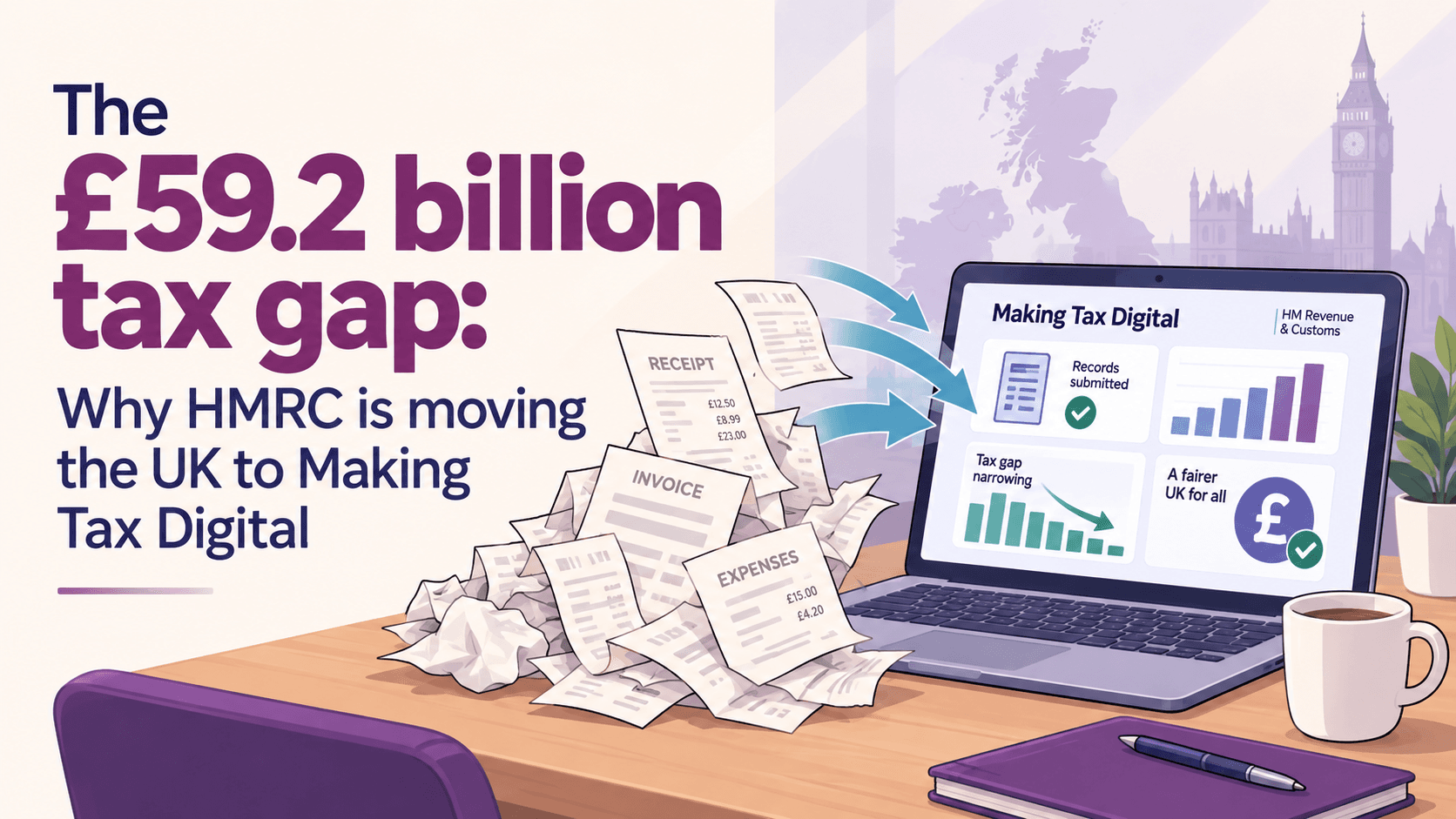 Illustration accompanying “The £59.2 billion tax gap: why HMRC is moving the UK to Making Tax Digital.”